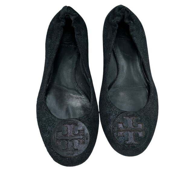 tory burch black shimmer classsic logo ballet slippers flats shoes 7.5 - Picture 1 of 5
